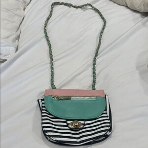 Striped Canvas Crossbody with Mint and Pink Trim